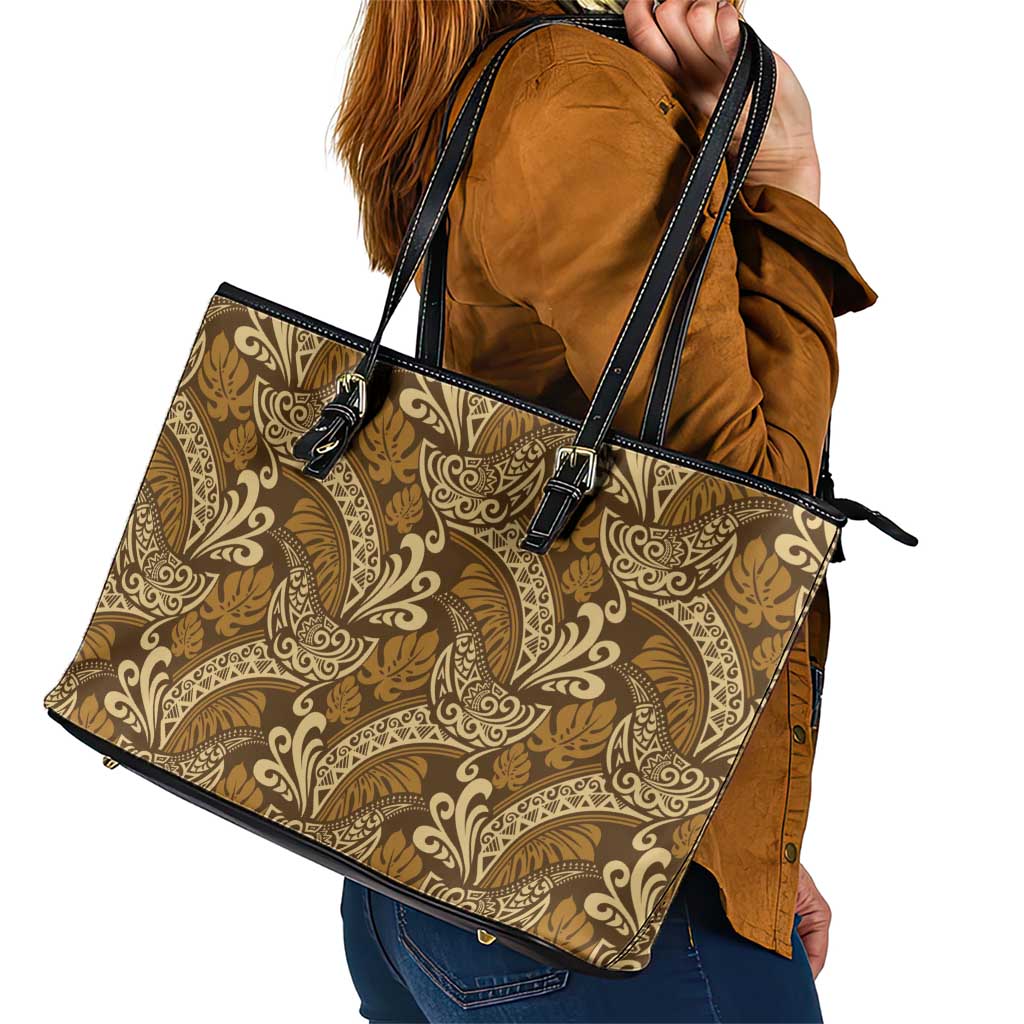 Brown Gold Monstera Leather Tote Bag Polynesian Tribal Pattern - Polynesian Pride