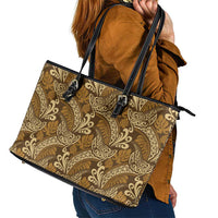 Brown Gold Monstera Leather Tote Bag Polynesian Tribal Pattern - Polynesian Pride
