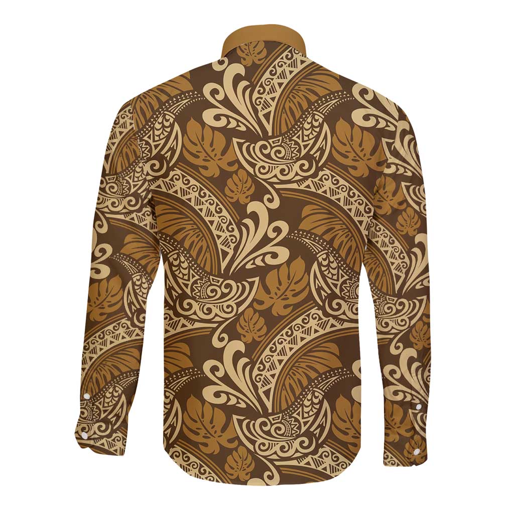 Brown Gold Monstera Long Sleeve Button Shirt Polynesian Tribal Pattern - Polynesian Pride