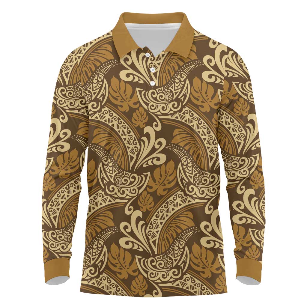 Brown Gold Monstera Long Sleeve Polo Shirt Polynesian Tribal Pattern - Polynesian Pride