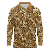 Brown Gold Monstera Long Sleeve Polo Shirt Polynesian Tribal Pattern - Polynesian Pride