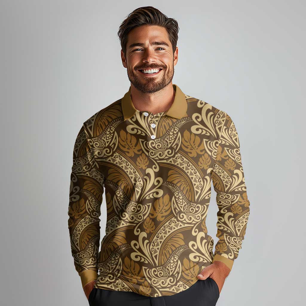Brown Gold Monstera Long Sleeve Polo Shirt Polynesian Tribal Pattern - Polynesian Pride