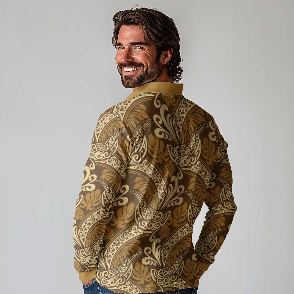 Brown Gold Monstera Long Sleeve Polo Shirt Polynesian Tribal Pattern - Polynesian Pride