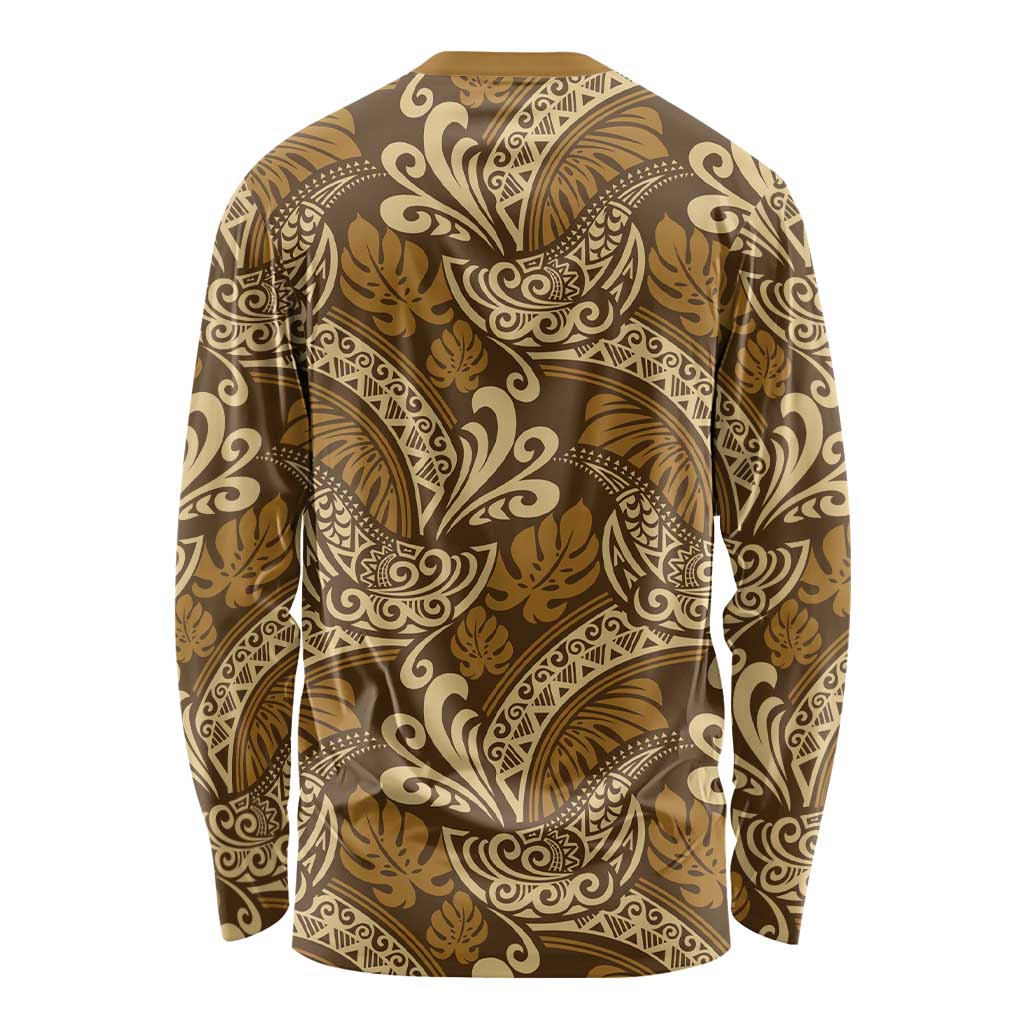 Brown Gold Monstera Long Sleeve Shirt Polynesian Tribal Pattern - Polynesian Pride