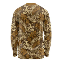 Brown Gold Monstera Long Sleeve Shirt Polynesian Tribal Pattern - Polynesian Pride