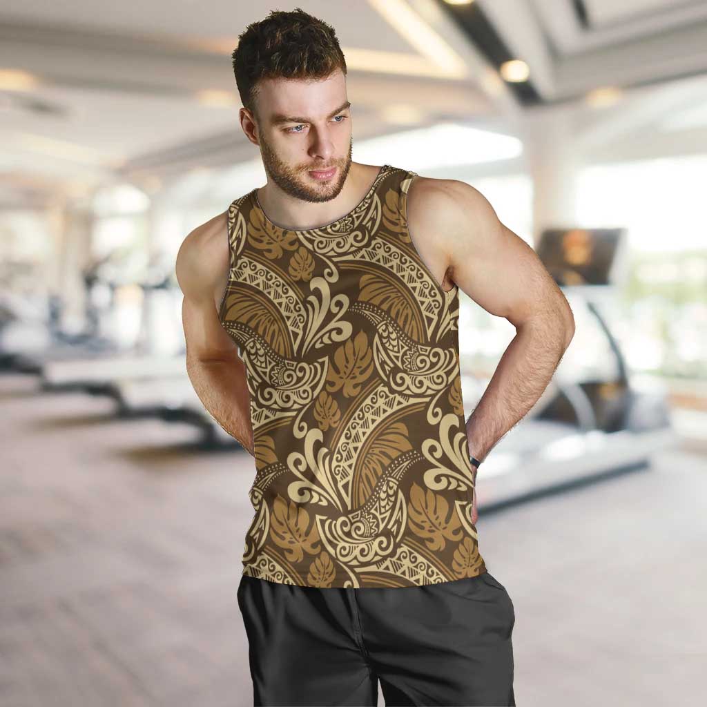 Brown Gold Monstera Men Tank Top Polynesian Tribal Pattern - Polynesian Pride