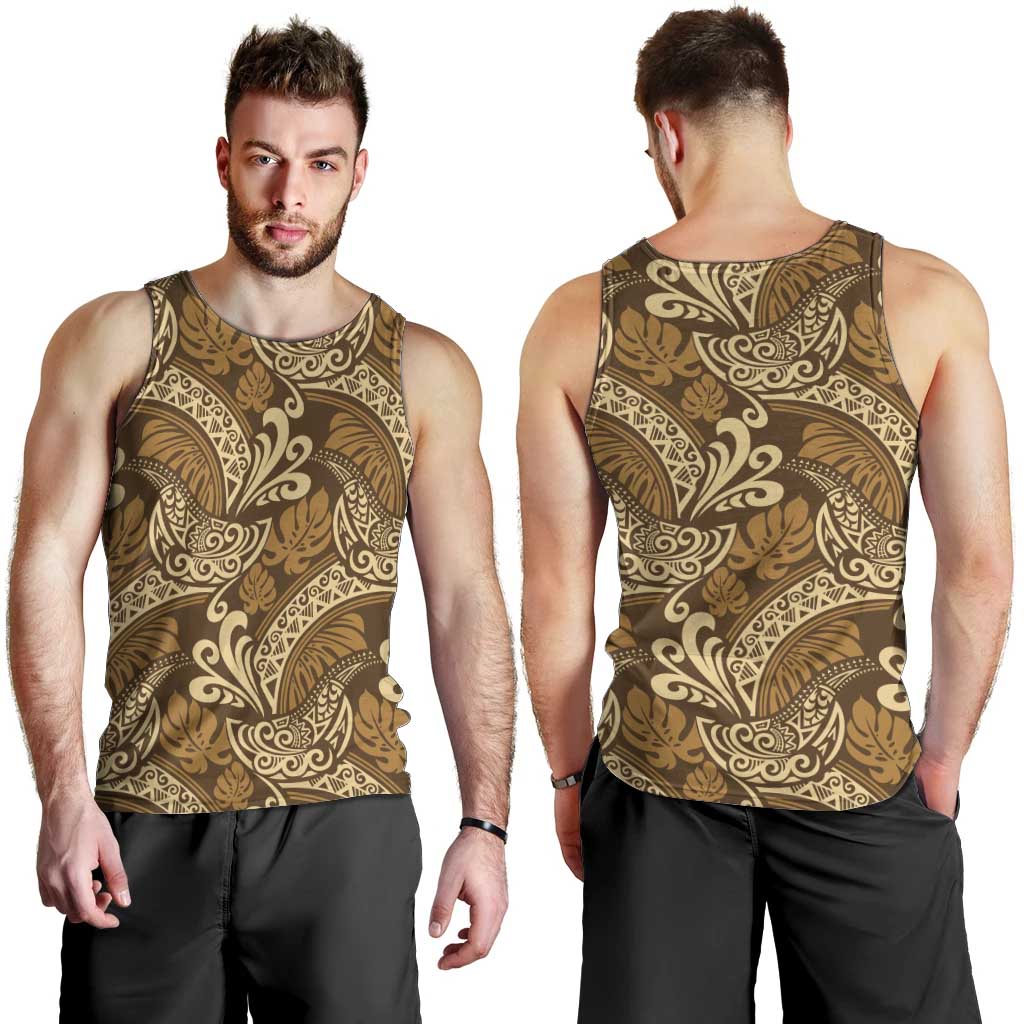 Brown Gold Monstera Men Tank Top Polynesian Tribal Pattern - Polynesian Pride