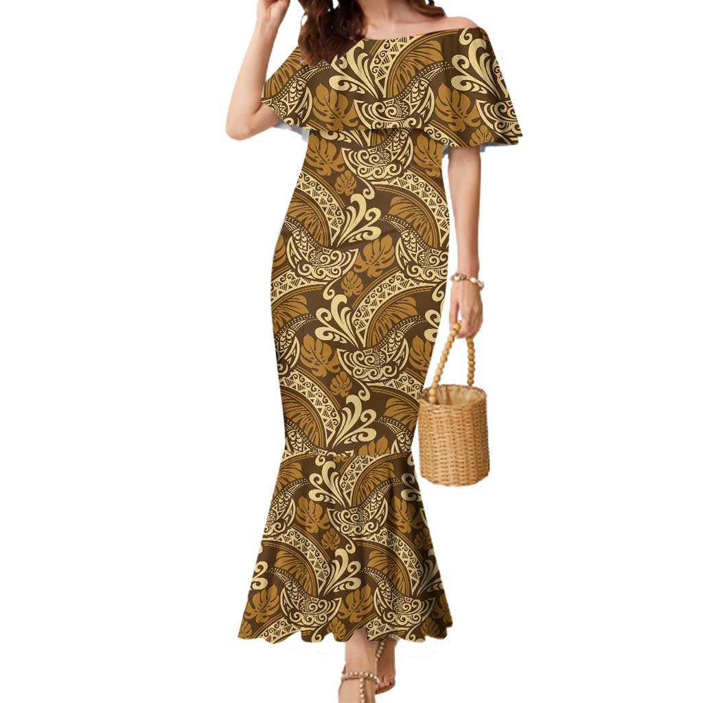 Brown Gold Monstera Mermaid Dress Polynesian Tribal Pattern - Polynesian Pride