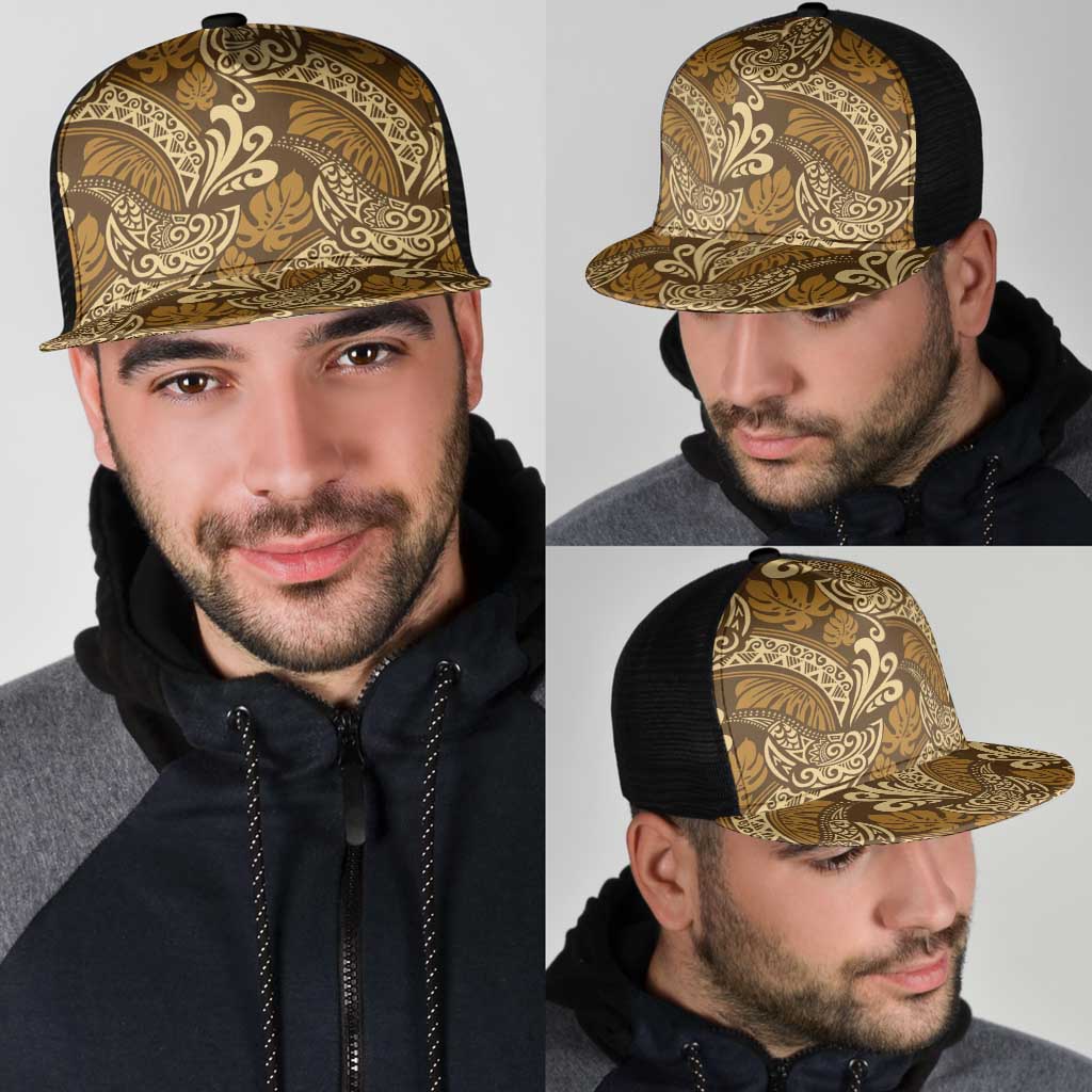 Brown Gold Monstera Mesh Trucker Cap Polynesian Tribal Pattern - Polynesian Pride