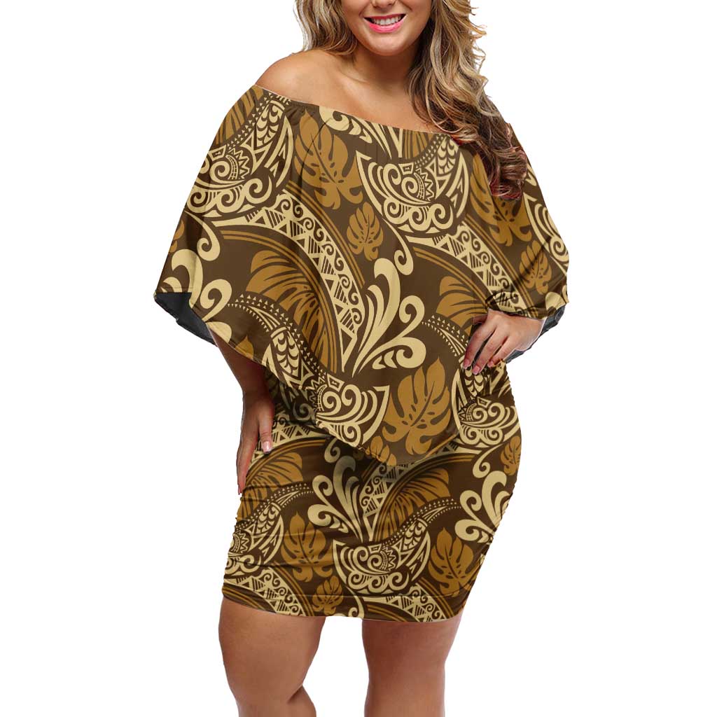 Brown Gold Monstera Off Shoulder Short Dress Polynesian Tribal Pattern - Polynesian Pride