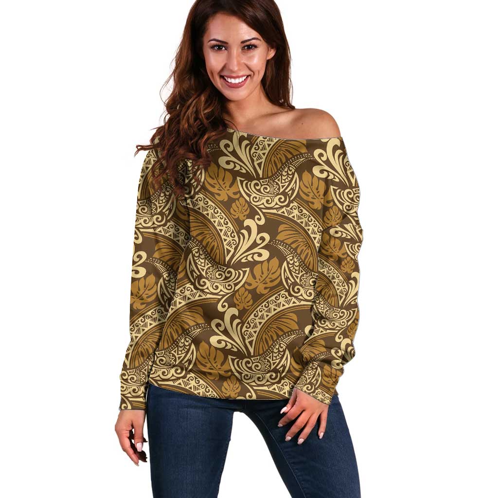 Brown Gold Monstera Off Shoulder Sweater Polynesian Tribal Pattern - Polynesian Pride