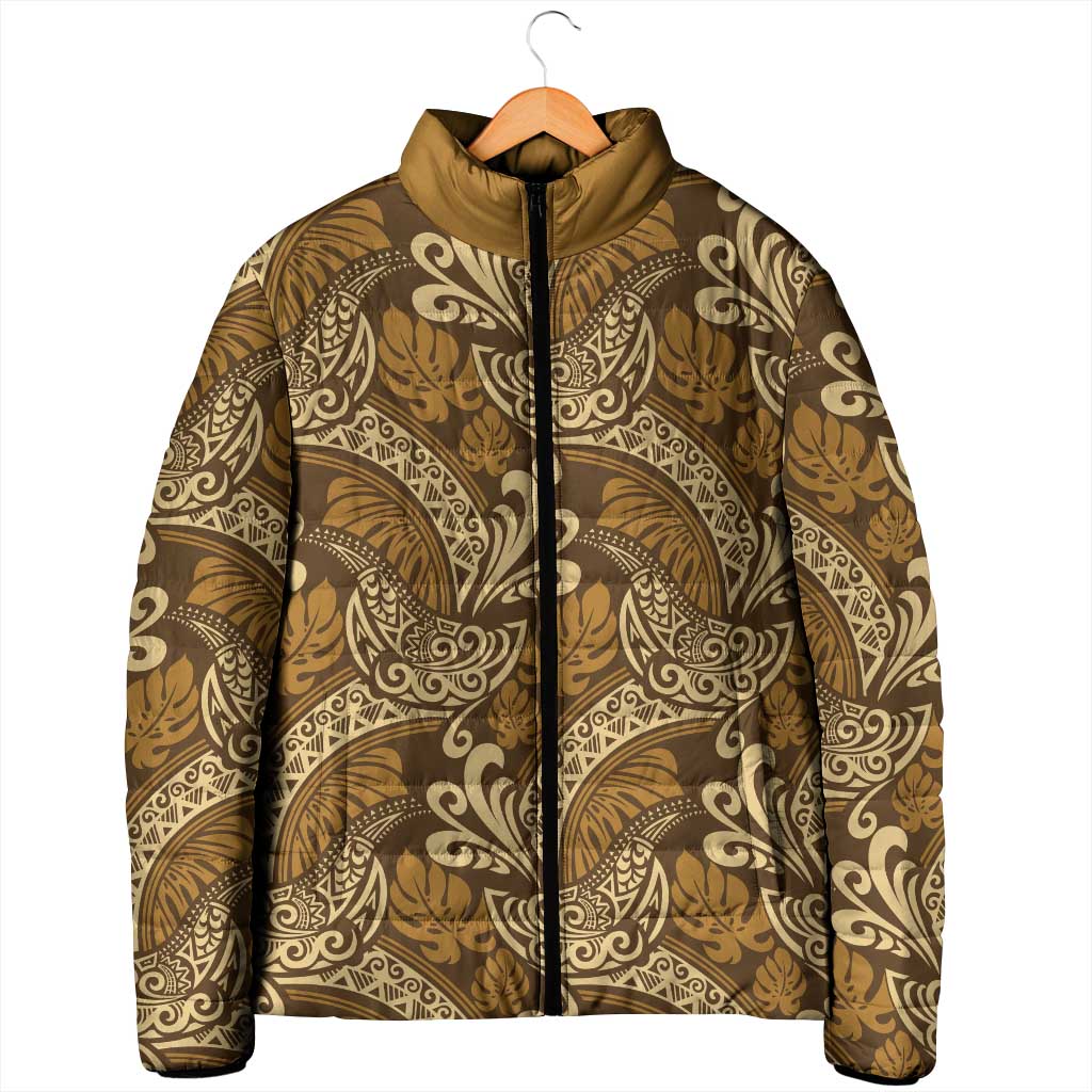 Brown Gold Monstera Padded Jacket Polynesian Tribal Pattern - Polynesian Pride