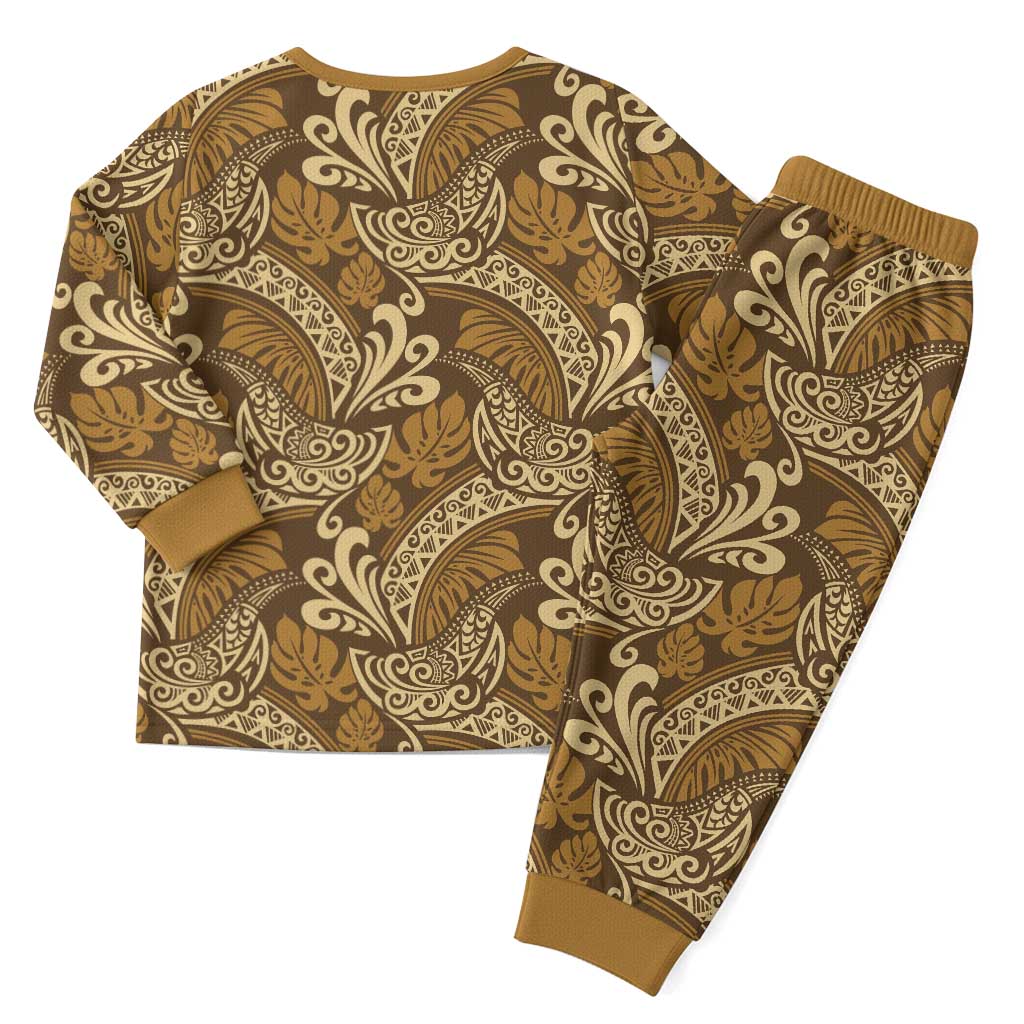 Brown Gold Monstera Christmas Pajama Set Polynesian Tribal Pattern - Polynesian Pride
