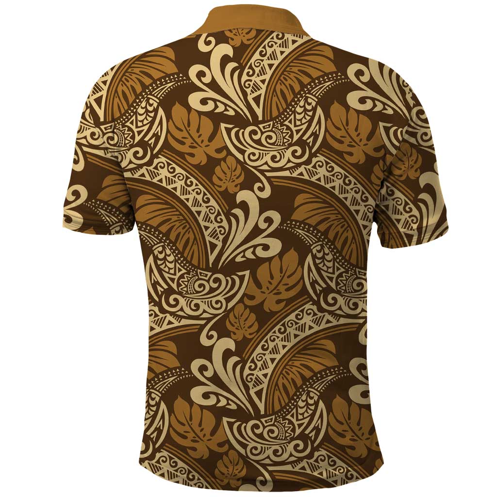 Brown Gold Monstera Polo Shirt Polynesian Tribal Pattern - Polynesian Pride