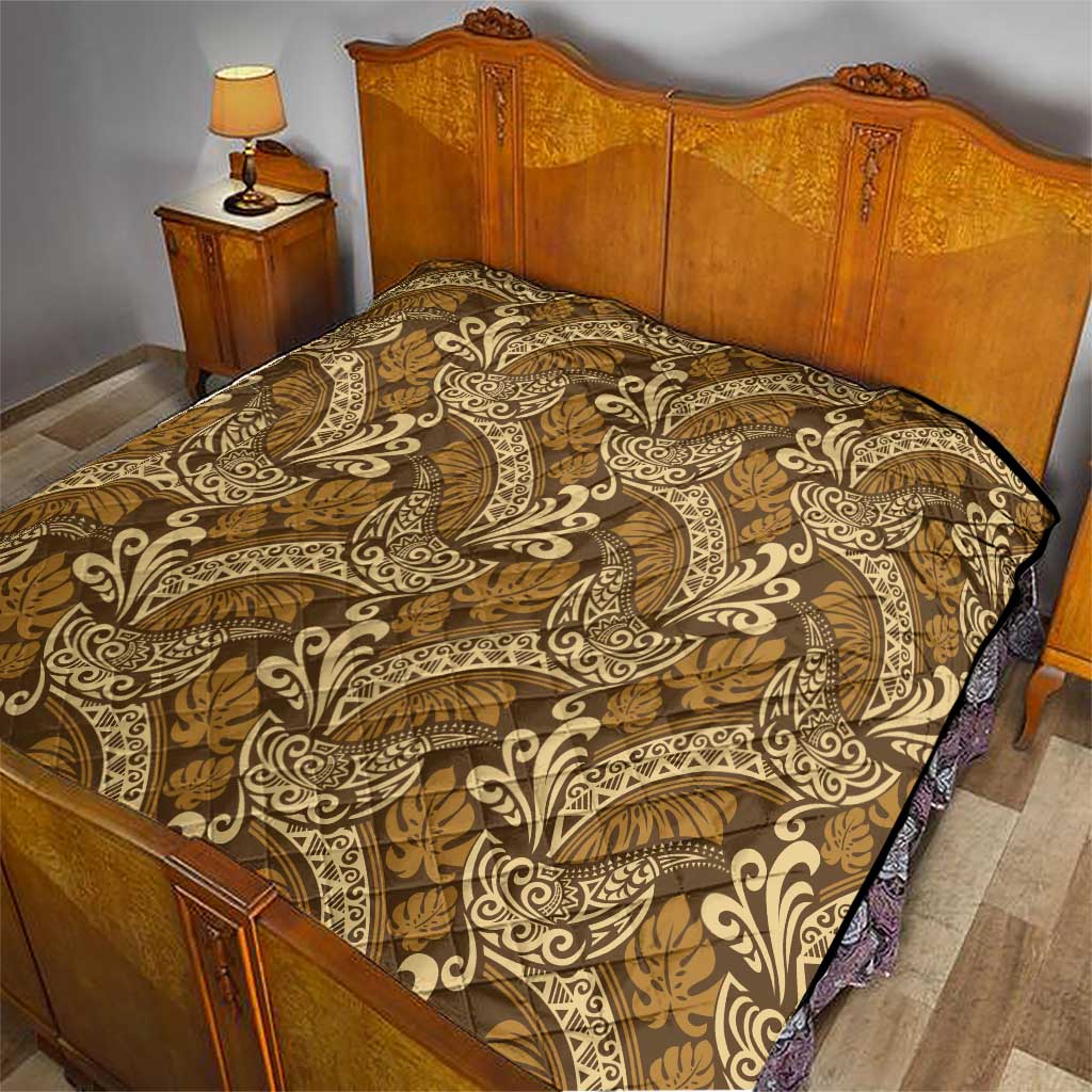 Brown Gold Monstera Quilt Polynesian Tribal Pattern - Polynesian Pride