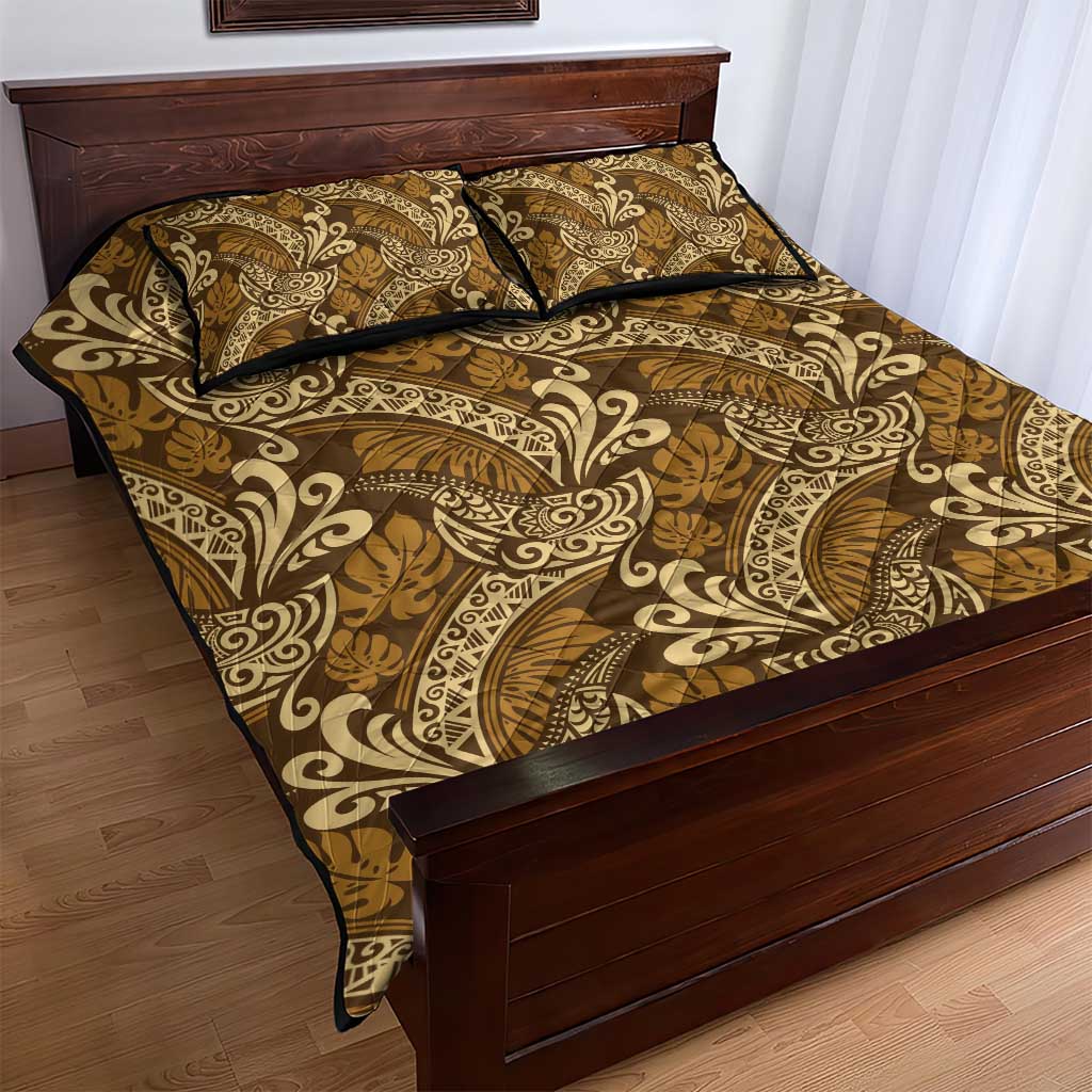 Brown Gold Monstera Quilt Bed Set Polynesian Tribal Pattern - Polynesian Pride