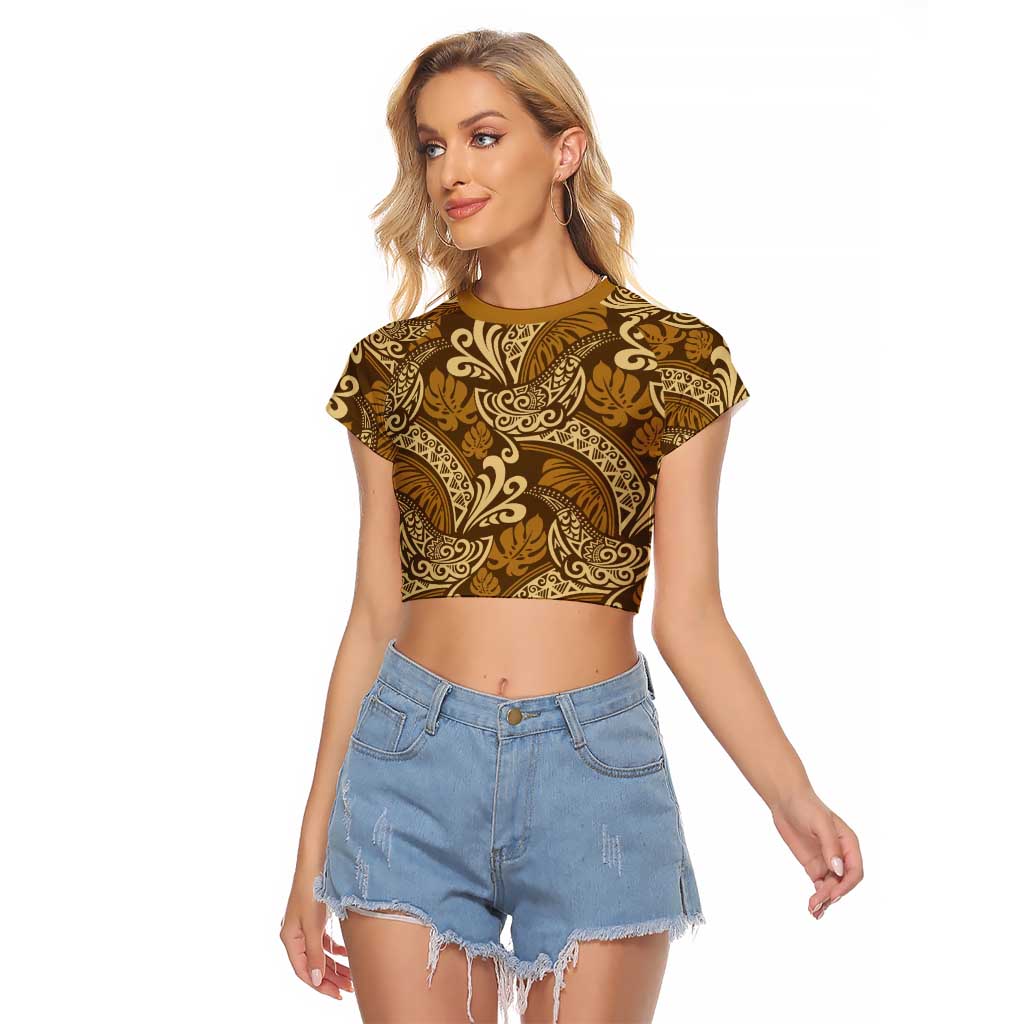 Brown Gold Monstera Raglan Cropped T Shirt Polynesian Tribal Pattern - Polynesian Pride