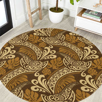 Brown Gold Monstera Round Carpet Polynesian Tribal Pattern - Polynesian Pride