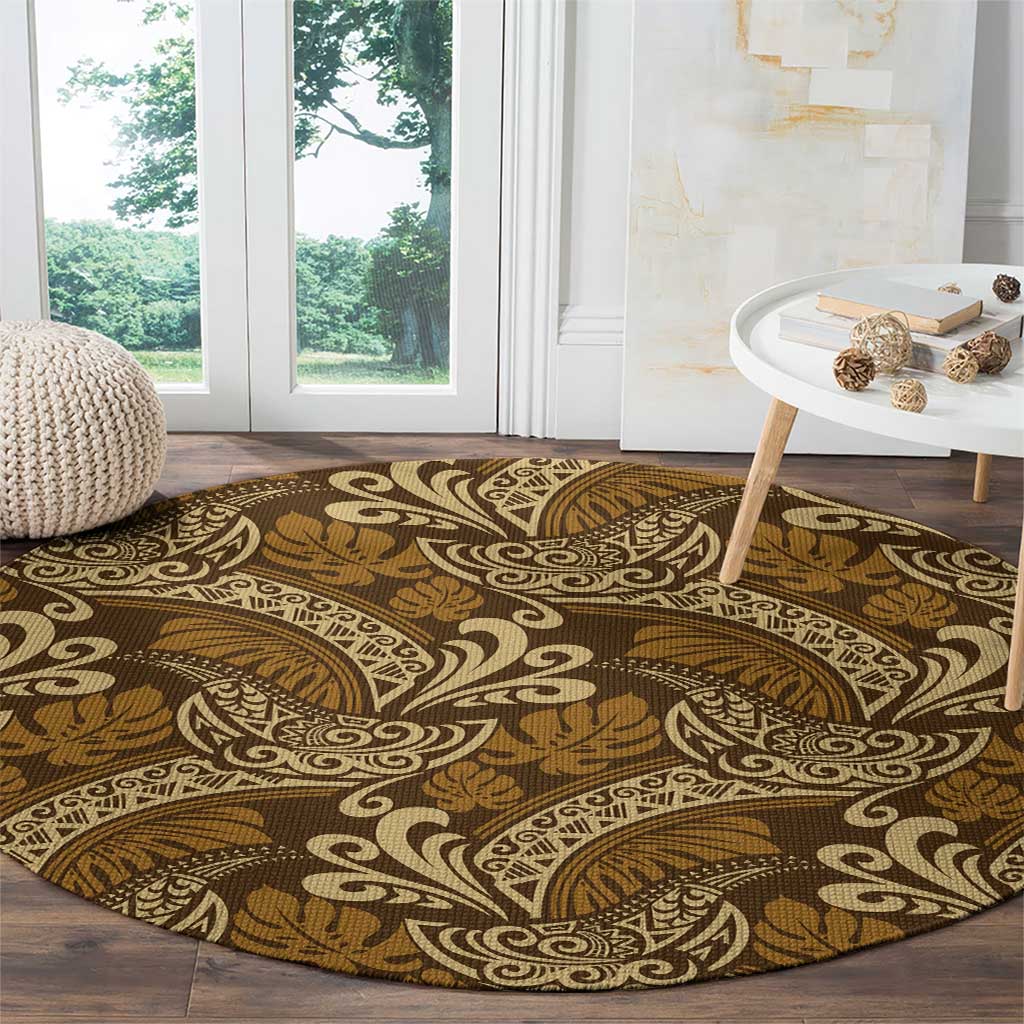 Brown Gold Monstera Round Carpet Polynesian Tribal Pattern - Polynesian Pride
