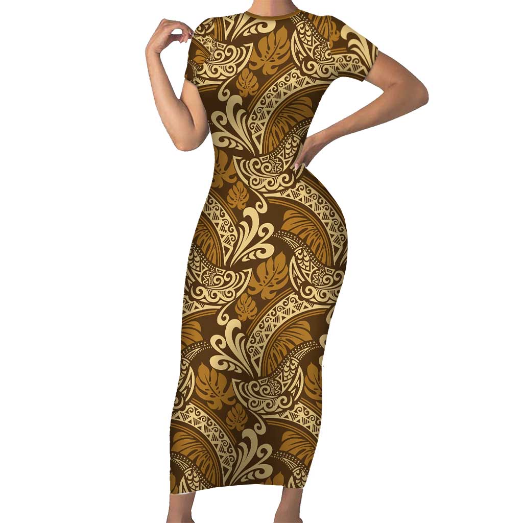 Brown Gold Monstera Short Sleeve Bodycon Dress Polynesian Tribal Pattern - Polynesian Pride