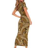 Brown Gold Monstera Short Sleeve Bodycon Dress Polynesian Tribal Pattern - Polynesian Pride
