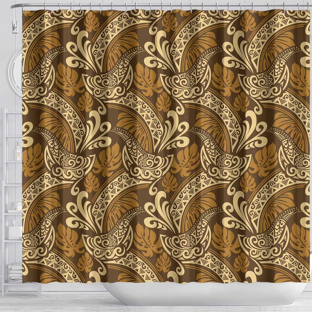 Brown Gold Monstera Shower Curtain Polynesian Tribal Pattern - Polynesian Pride