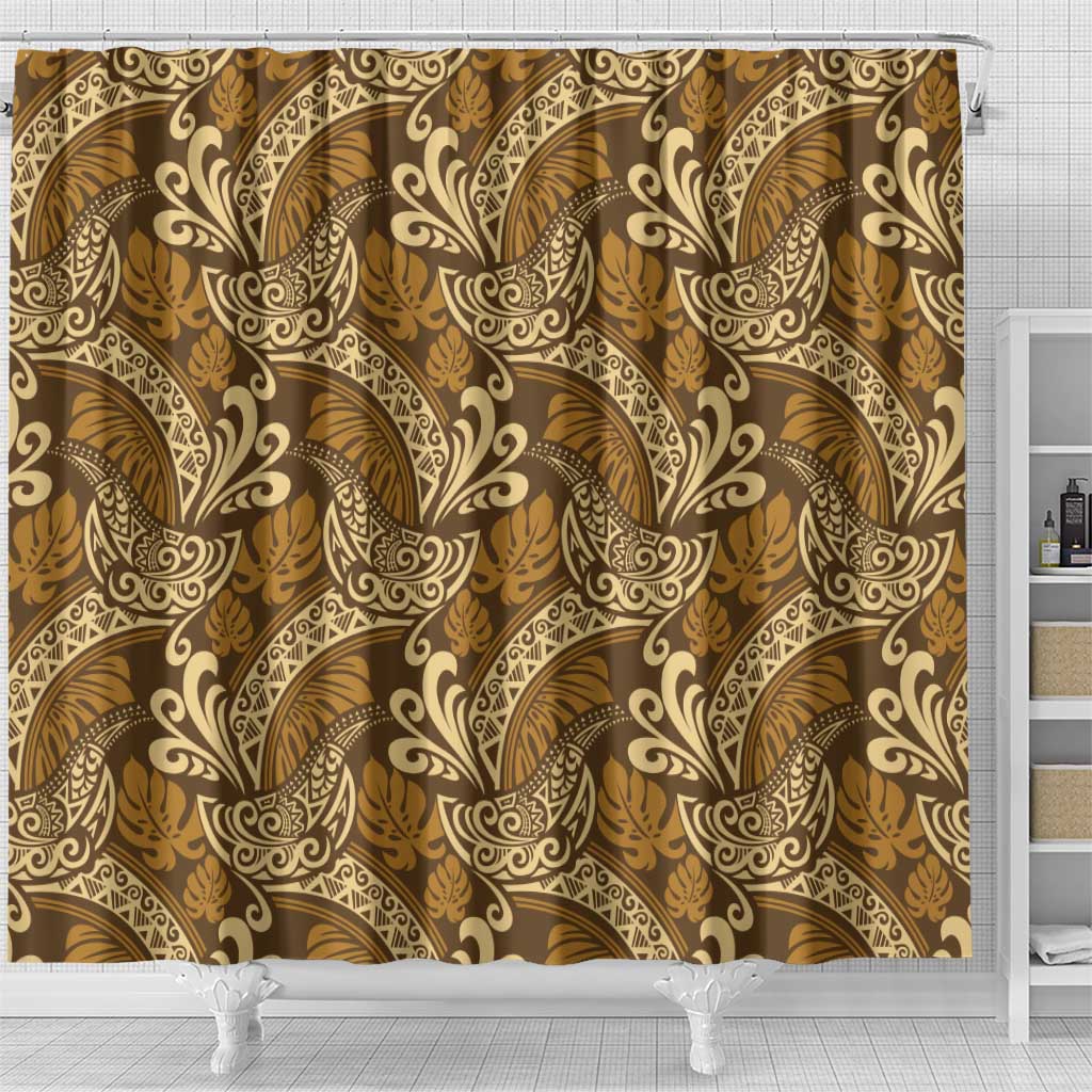 Brown Gold Monstera Shower Curtain Polynesian Tribal Pattern - Polynesian Pride