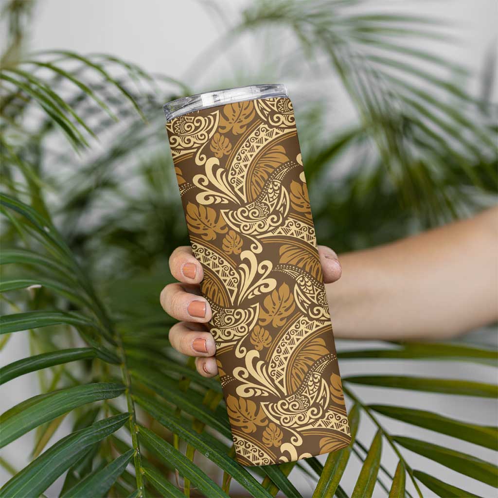 Brown Gold Monstera Skinny Tumbler Polynesian Tribal Pattern - Polynesian Pride
