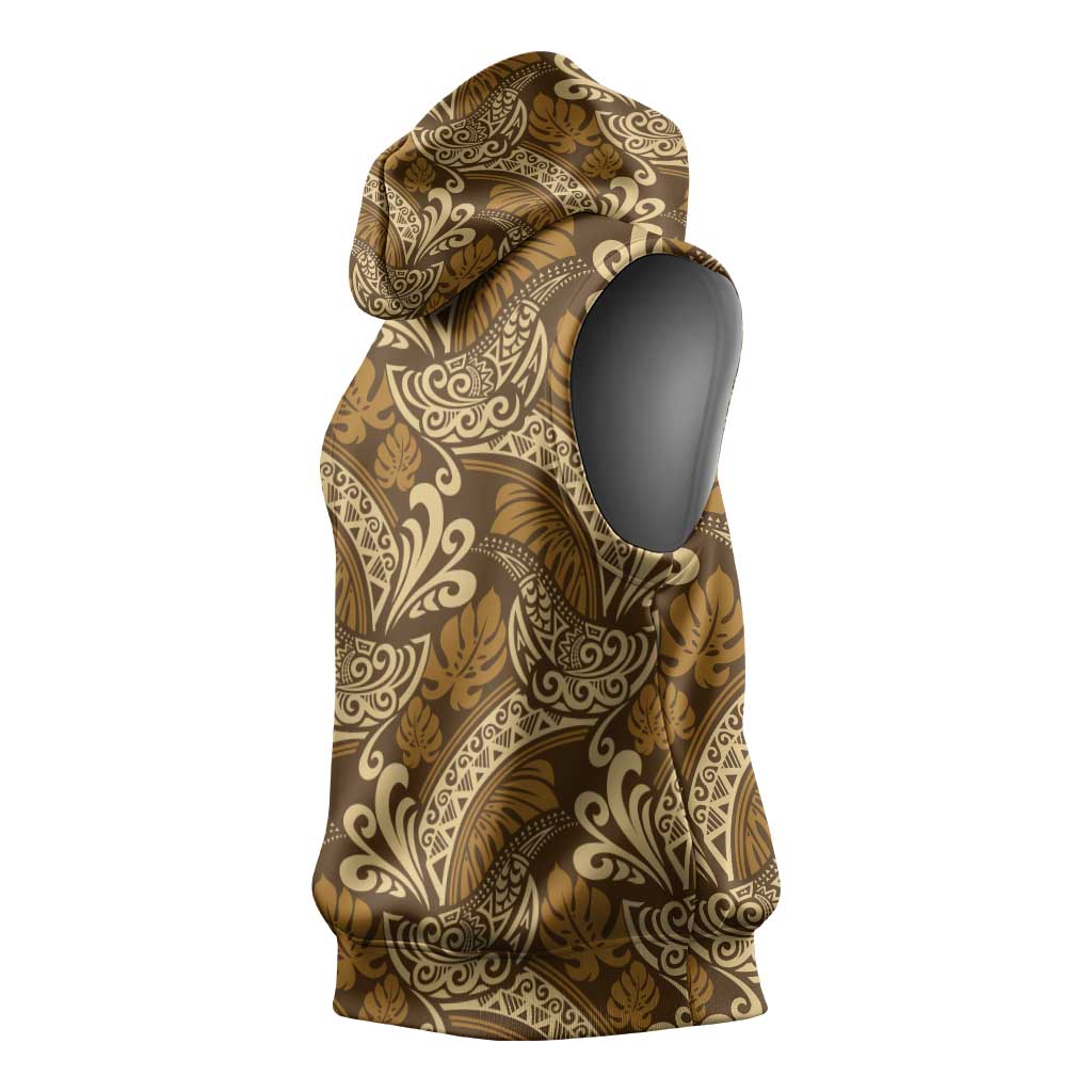 Brown Gold Monstera Sleeveless Hoodie Polynesian Tribal Pattern - Polynesian Pride