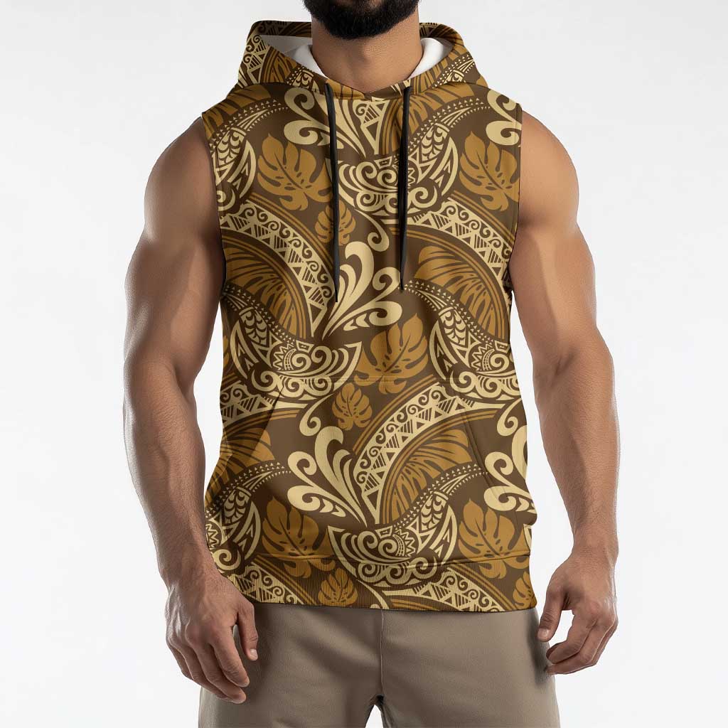 Brown Gold Monstera Sleeveless Hoodie Polynesian Tribal Pattern - Polynesian Pride