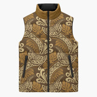Brown Gold Monstera Sleeveless Puffer Jacket Polynesian Tribal Pattern - Polynesian Pride