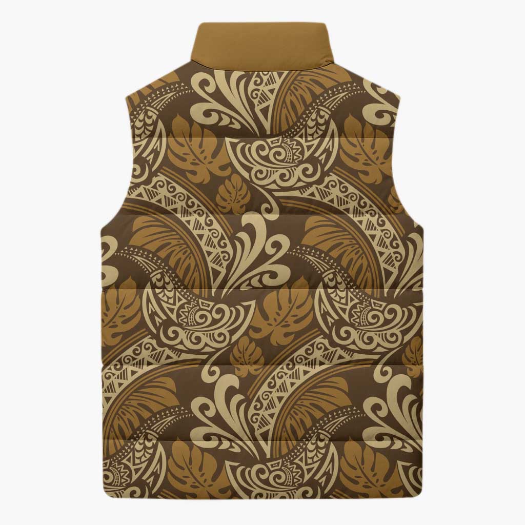 Brown Gold Monstera Sleeveless Puffer Jacket Polynesian Tribal Pattern - Polynesian Pride