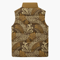 Brown Gold Monstera Sleeveless Puffer Jacket Polynesian Tribal Pattern - Polynesian Pride