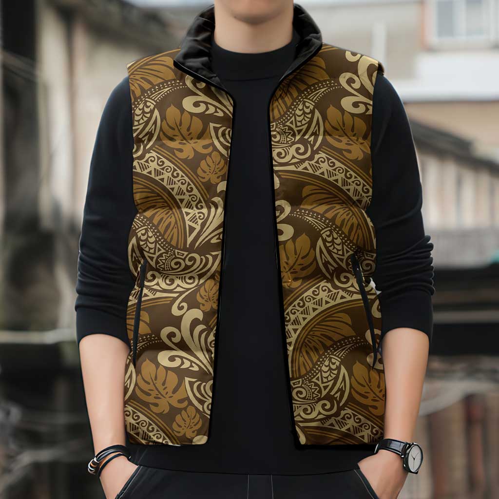 Brown Gold Monstera Sleeveless Puffer Jacket Polynesian Tribal Pattern - Polynesian Pride