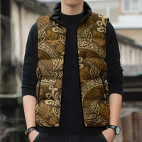 Brown Gold Monstera Sleeveless Puffer Jacket Polynesian Tribal Pattern - Polynesian Pride