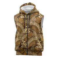 Brown Gold Monstera Sleeveless Zip Hoodie Polynesian Tribal Pattern - Polynesian Pride