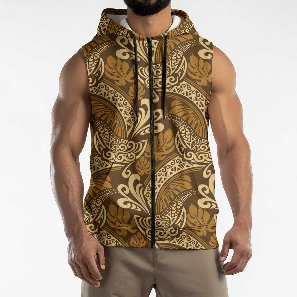 Brown Gold Monstera Sleeveless Zip Hoodie Polynesian Tribal Pattern - Polynesian Pride