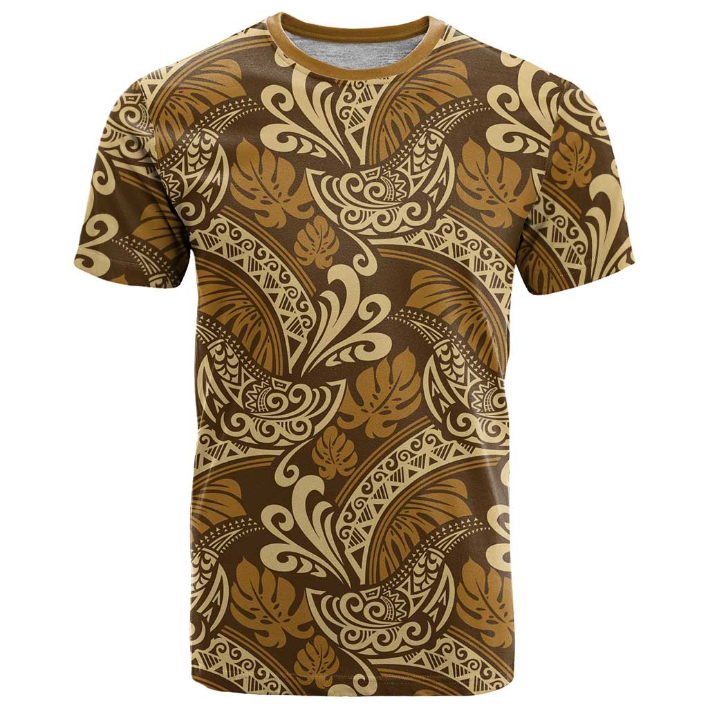 Brown Gold Monstera T Shirt Polynesian Tribal Pattern - Polynesian Pride