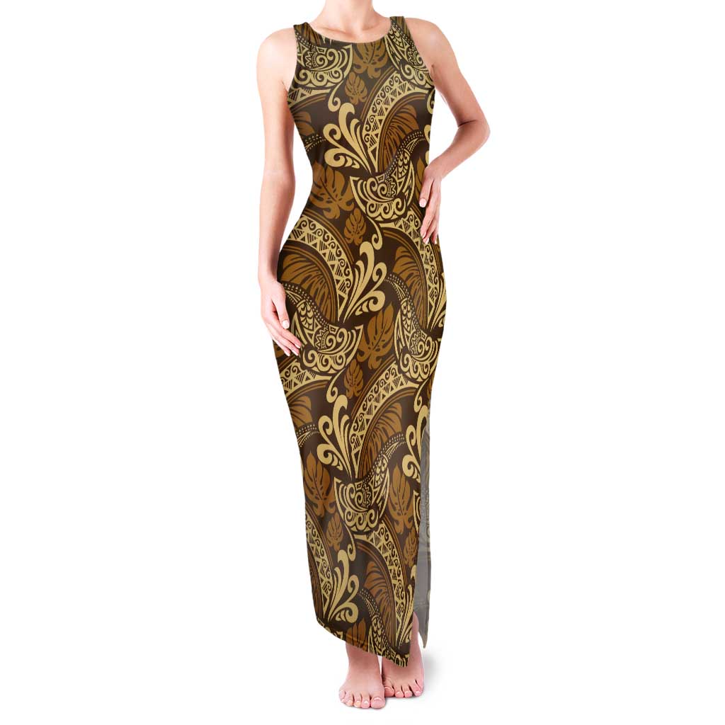 Brown Gold Monstera Tank Maxi Dress Polynesian Tribal Pattern - Polynesian Pride