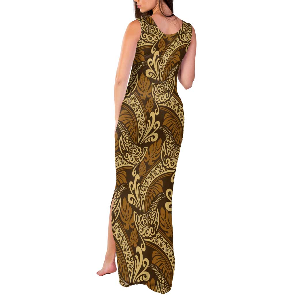 Brown Gold Monstera Tank Maxi Dress Polynesian Tribal Pattern - Polynesian Pride