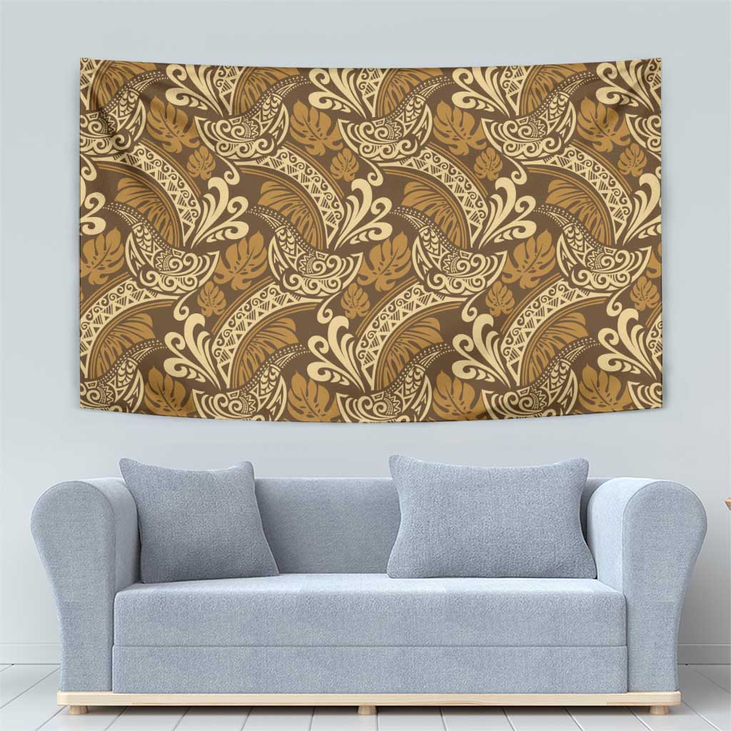 Brown Gold Monstera Tapestry Polynesian Tribal Pattern - Polynesian Pride