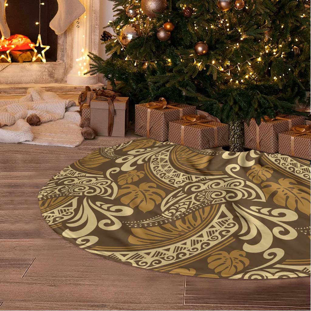 Brown Gold Monstera Tree Skirt Polynesian Tribal Pattern - Polynesian Pride
