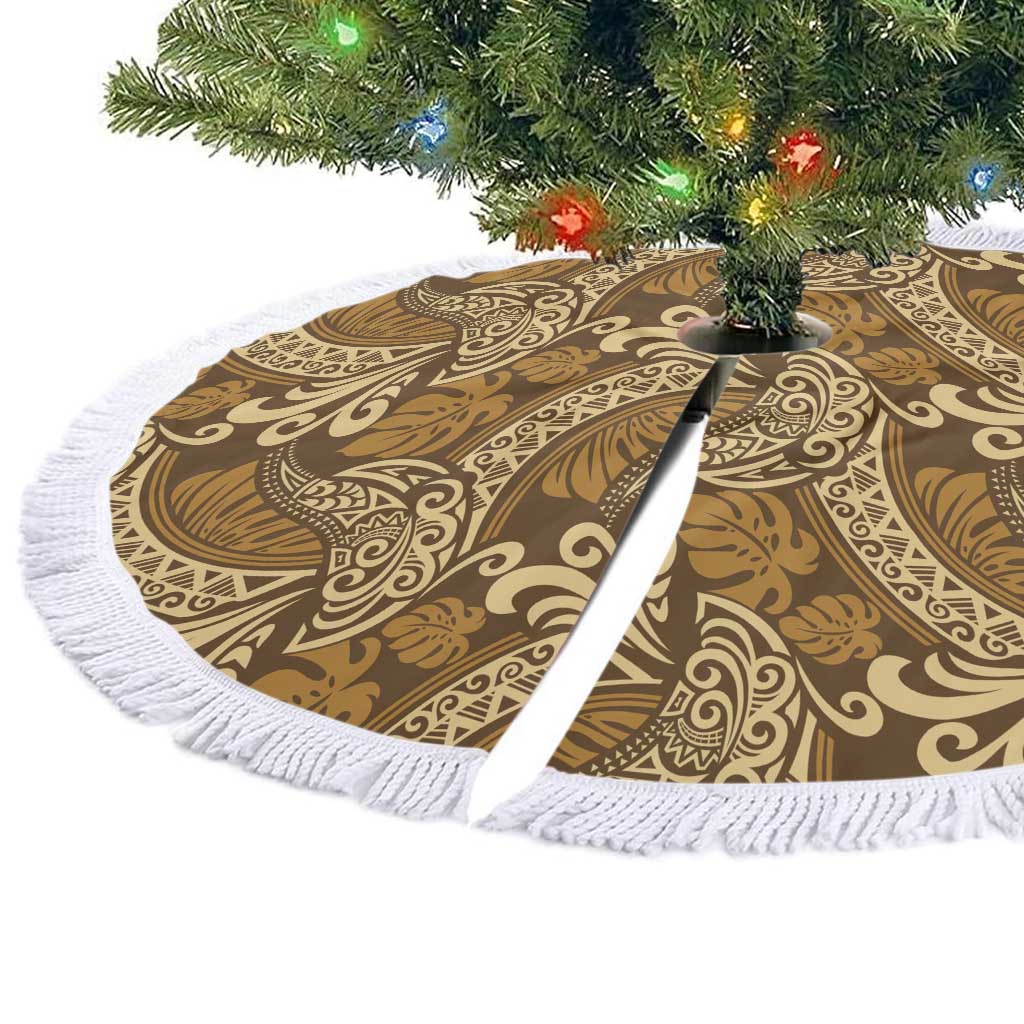 Brown Gold Monstera Tree Skirt Polynesian Tribal Pattern - Polynesian Pride