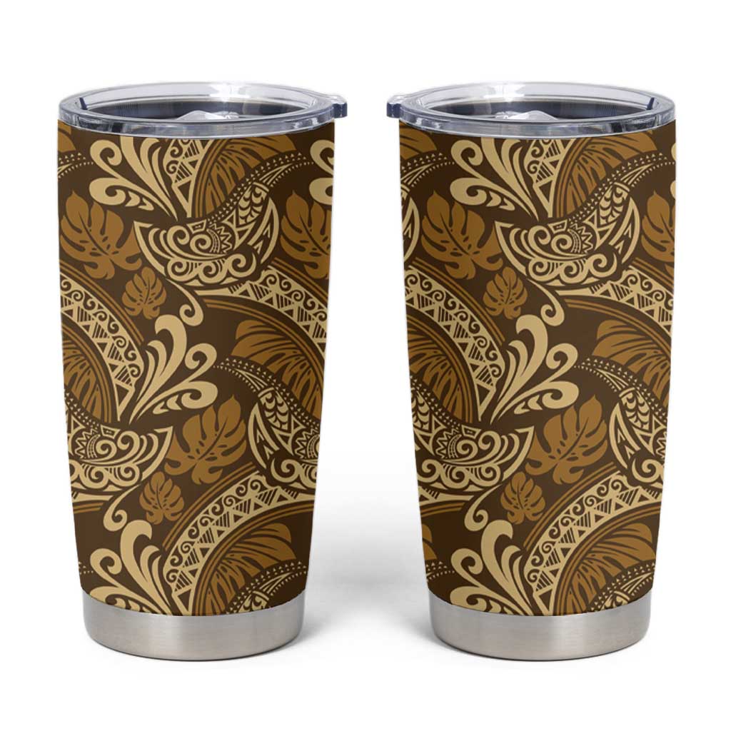 Brown Gold Monstera Tumbler Cup Polynesian Tribal Pattern - Polynesian Pride