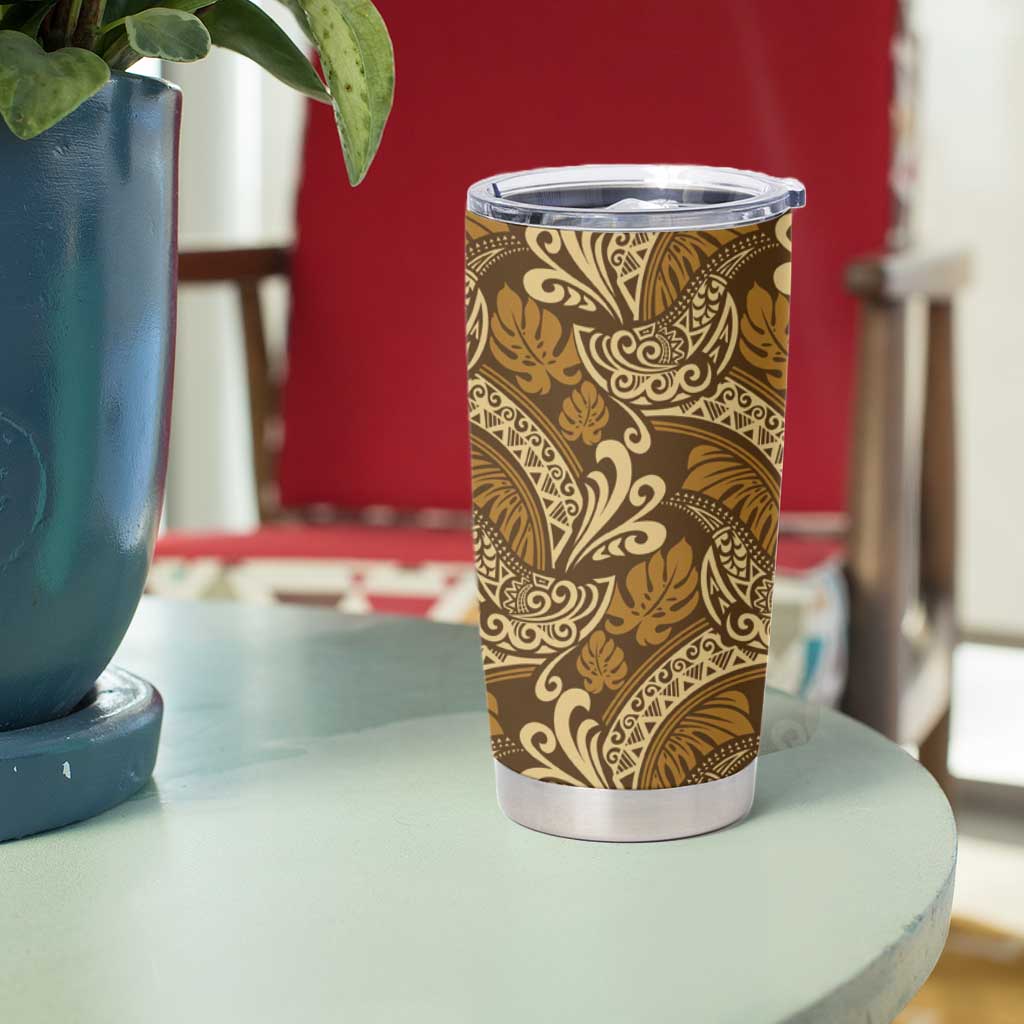 Brown Gold Monstera Tumbler Cup Polynesian Tribal Pattern - Polynesian Pride