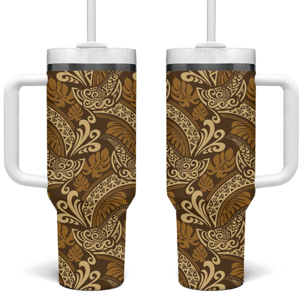 Brown Gold Monstera Tumbler With Handle Polynesian Tribal Pattern - Polynesian Pride