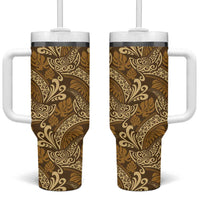 Brown Gold Monstera Tumbler With Handle Polynesian Tribal Pattern - Polynesian Pride