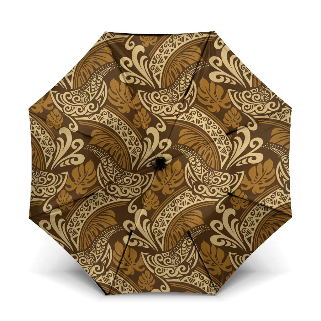 Brown Gold Monstera Umbrella Polynesian Tribal Pattern - Polynesian Pride