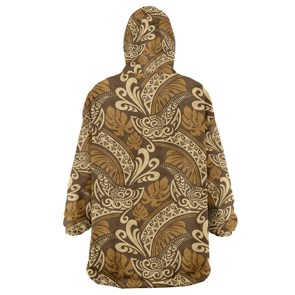 Brown Gold Monstera Wearable Blanket Hoodie Polynesian Tribal Pattern - Polynesian Pride