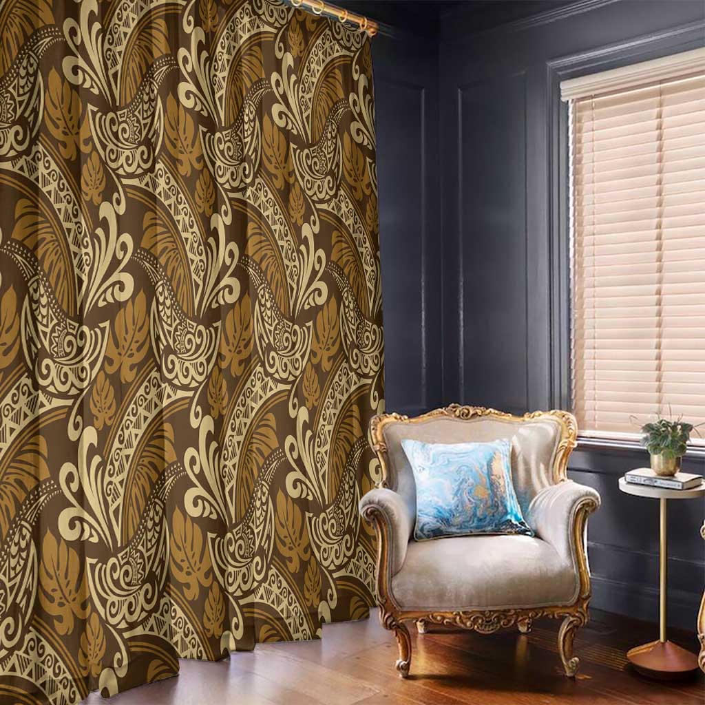 Brown Gold Monstera Window Curtain Polynesian Tribal Pattern - Polynesian Pride